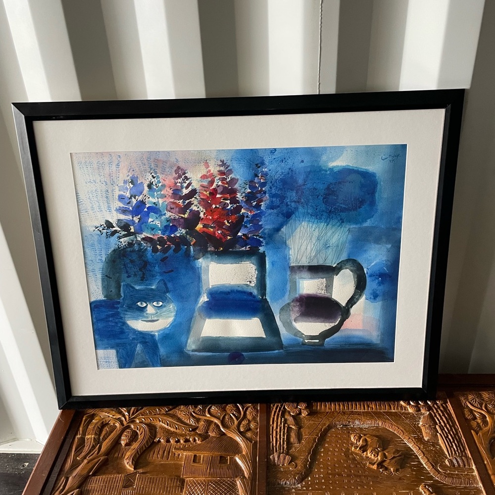 modern still-life painting featuring a stylized cat and floral elements in shade